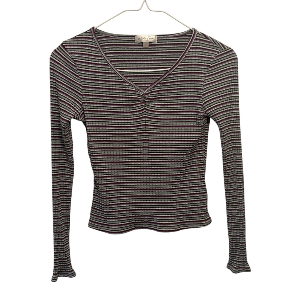 White Fawn girl large long sleeve ribbed stretch v neck top striped warm